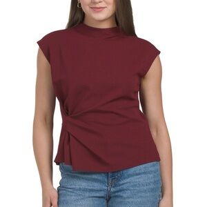 MODERN WORKS Burgundy Short Sleeve Knot Side Mock Neck Top